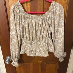 Floral Beige Off-the-shoulder Smocked Women's Top